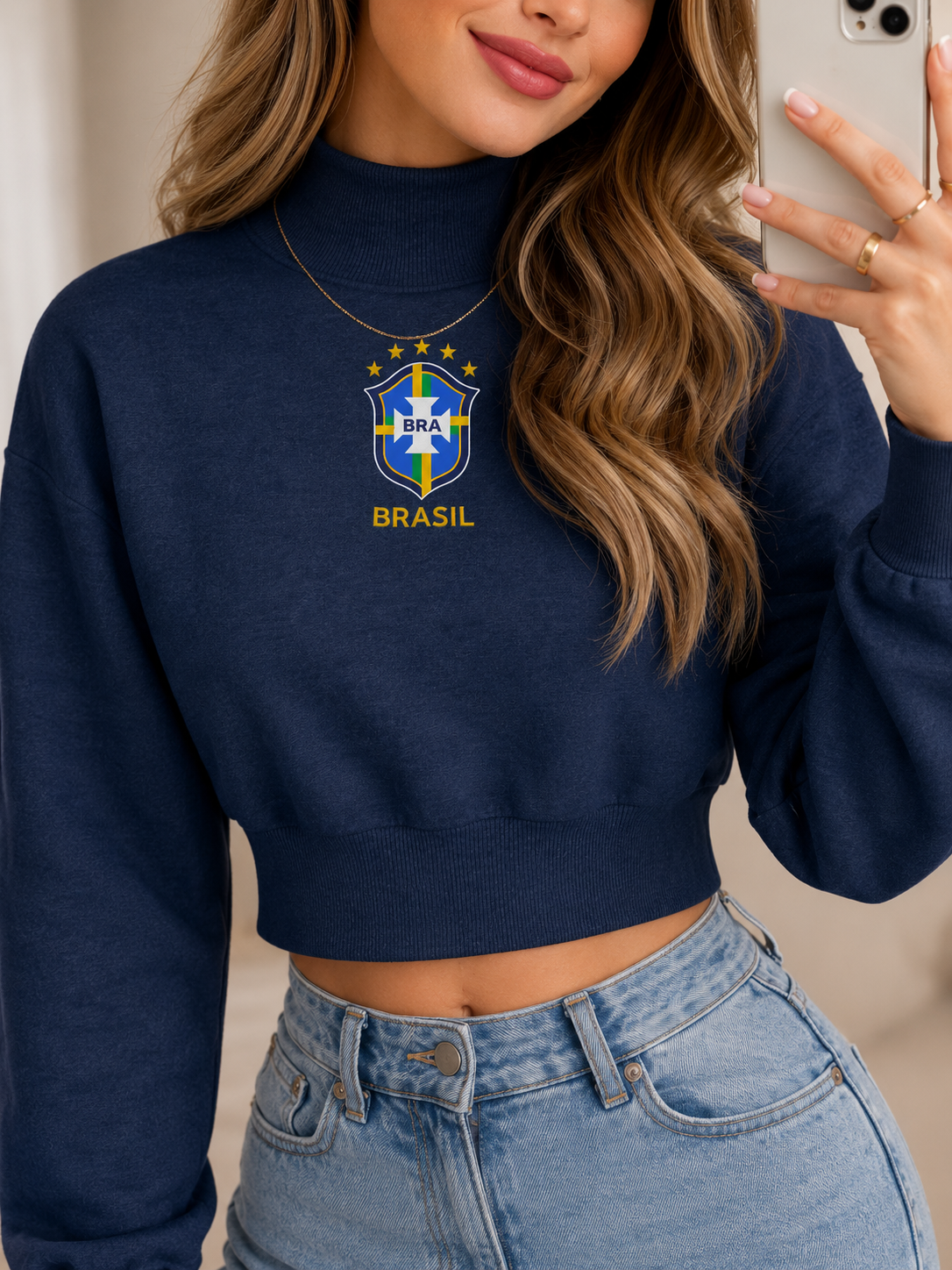 Moletom Feminino Cropped Brasil Gola Alta Futebol