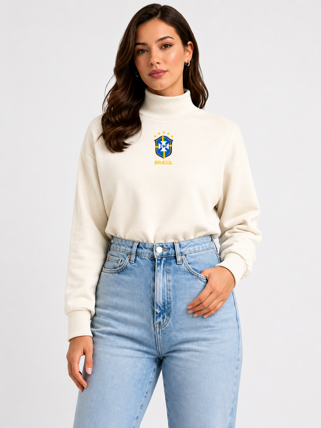 Moletom Feminino Cropped Brasil Gola Alta Futebol