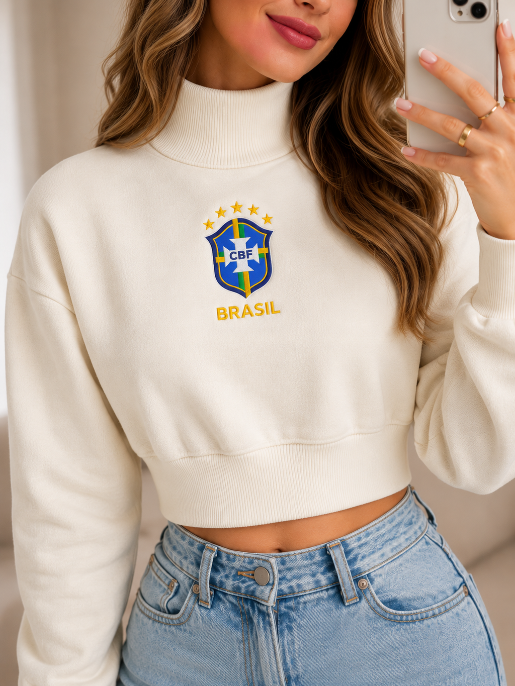 Moletom Feminino Cropped Brasil Gola Alta Futebol