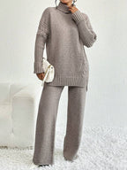 Conjunto Tricot Gola Alta Cable Knit Wide Leg Elegante