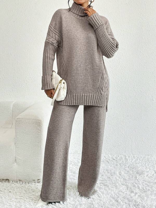 Conjunto Tricot Gola Alta Cable Knit Wide Leg Elegante