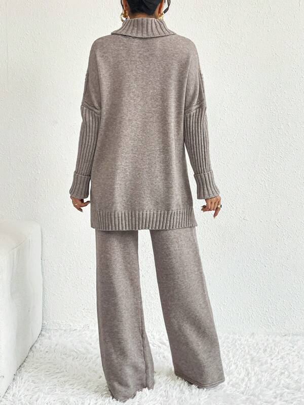 Conjunto Tricot Gola Alta Cable Knit Wide Leg Elegante