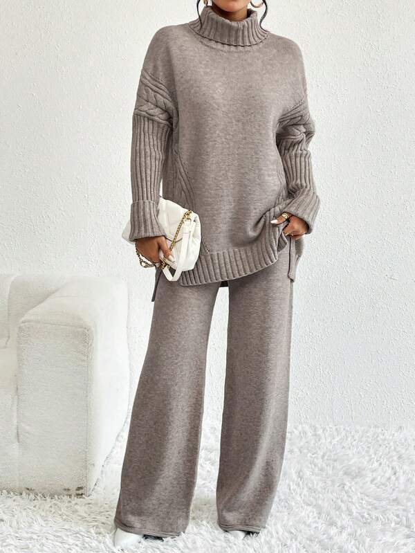 Conjunto Tricot Gola Alta Cable Knit Wide Leg Elegante