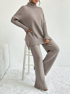 Conjunto Tricot Gola Alta Cable Knit Wide Leg Elegante