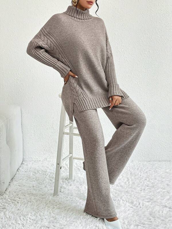 Conjunto Tricot Gola Alta Cable Knit Wide Leg Elegante