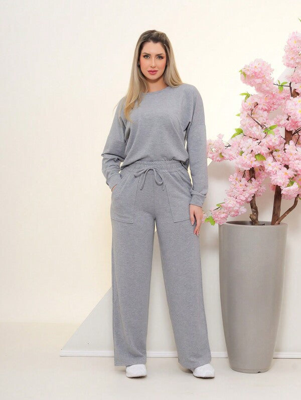Conjunto Moletinho Basic Wide Leg Com Ajuste Em Cordão