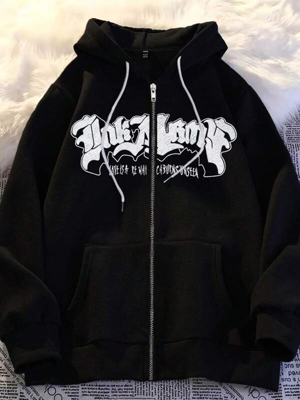 Moletom Com Zíper Gothic Lettering Streetwear
