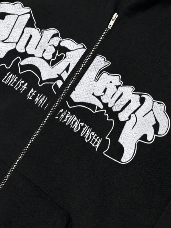 Moletom Com Zíper Gothic Lettering Streetwear
