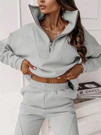 Conjunto Moletom Cropped Gola Alta Com Zíper Casual