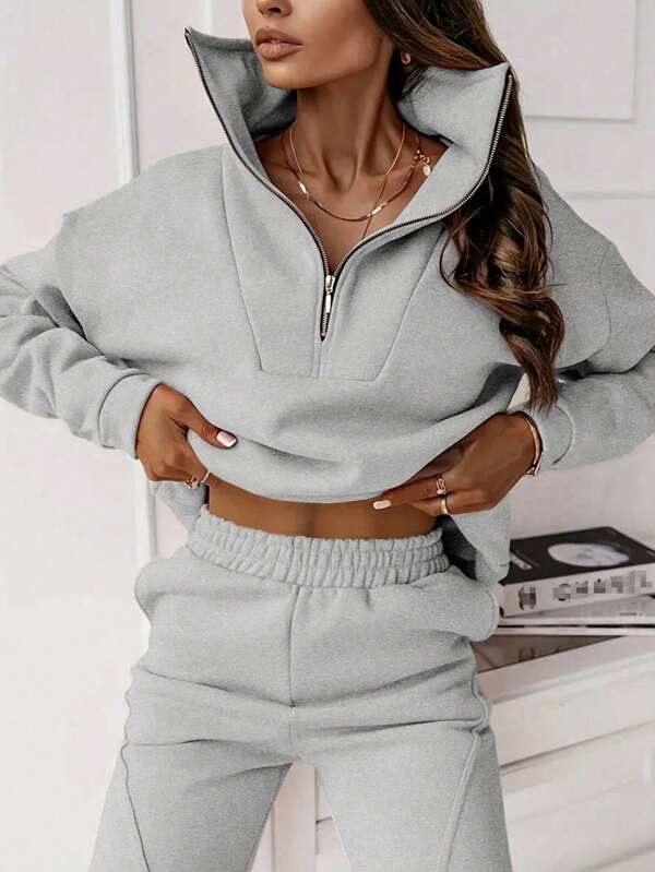 Conjunto Moletom Cropped Gola Alta Com Zíper Casual