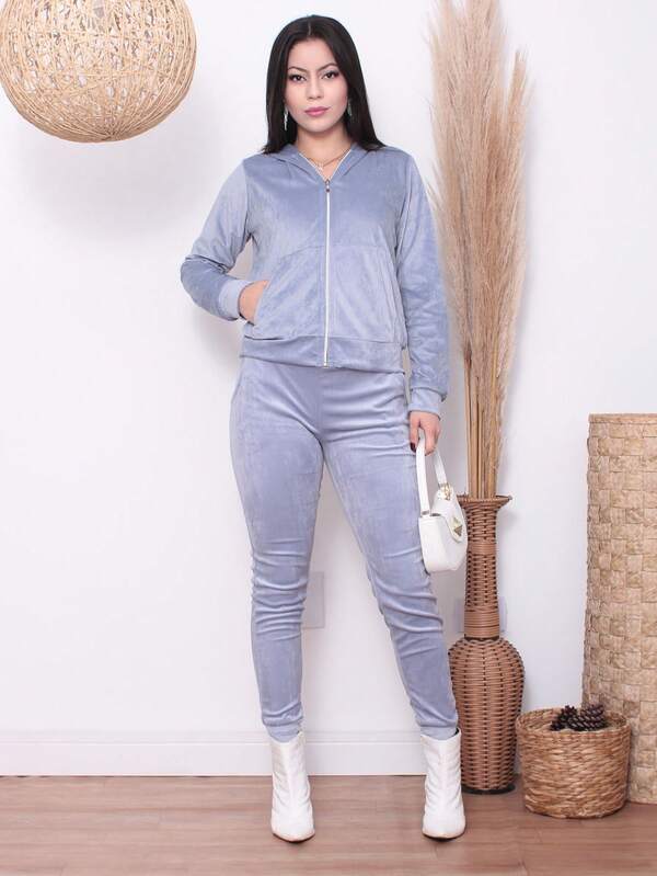Conjunto Plush Com Capuz E Zíper Wide Leg Casual