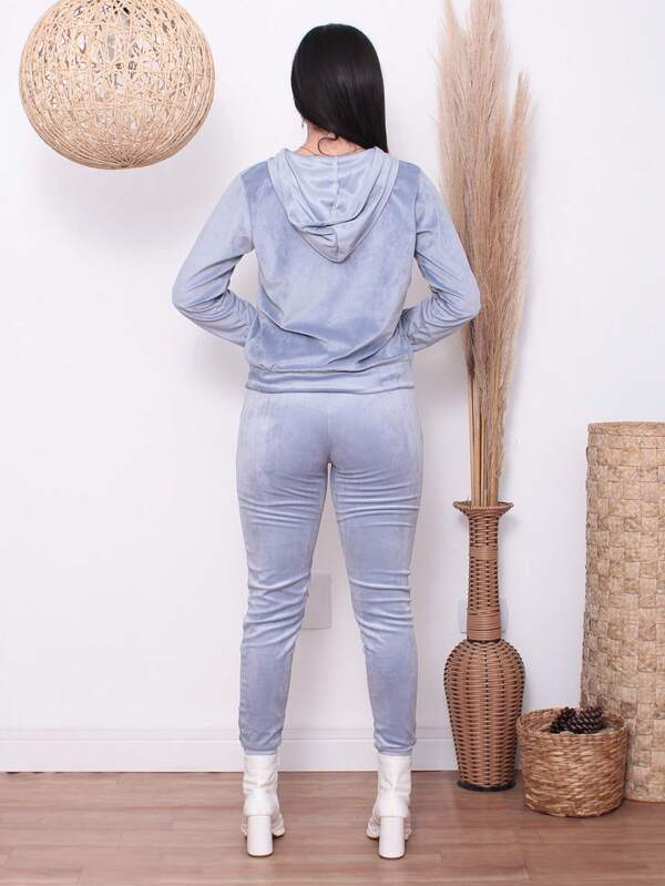 Conjunto Plush Com Capuz E Zíper Wide Leg Casual