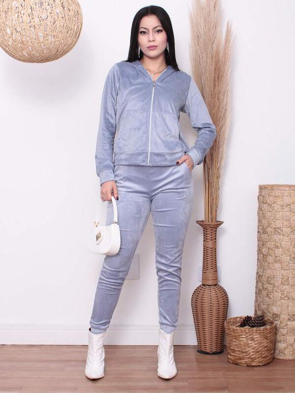 Conjunto Plush Com Capuz E Zíper Wide Leg Casual