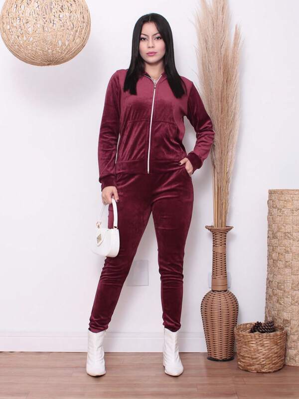 Conjunto Plush Com Capuz E Zíper Wide Leg Casual