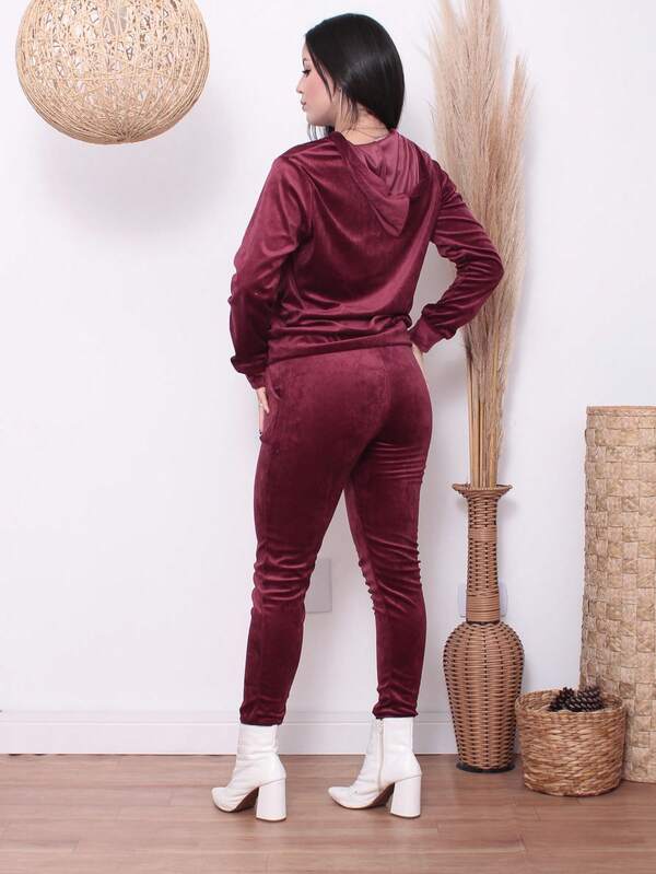 Conjunto Plush Com Capuz E Zíper Wide Leg Casual