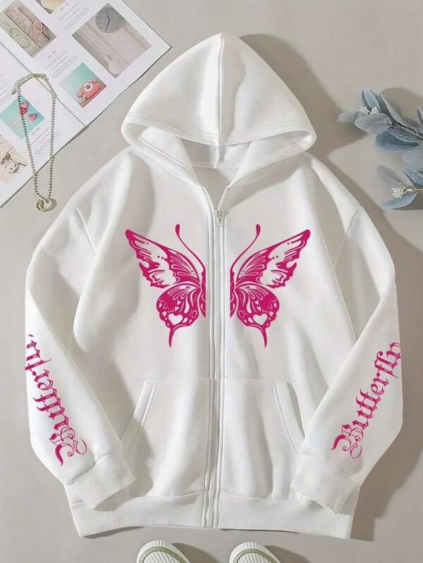 Moletom Com Zíper Butterfly Graphic Streetwear