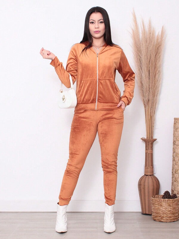 Conjunto Plush Com Capuz E Zíper Wide Leg Casual
