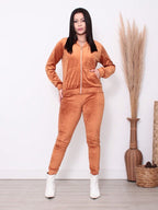 Conjunto Plush Com Capuz E Zíper Wide Leg Casual