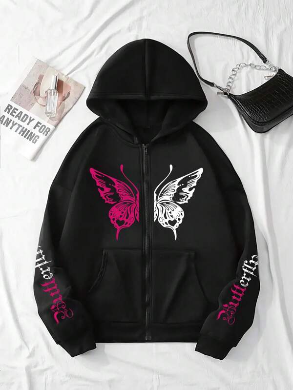 Moletom Com Zíper Butterfly Graphic Streetwear