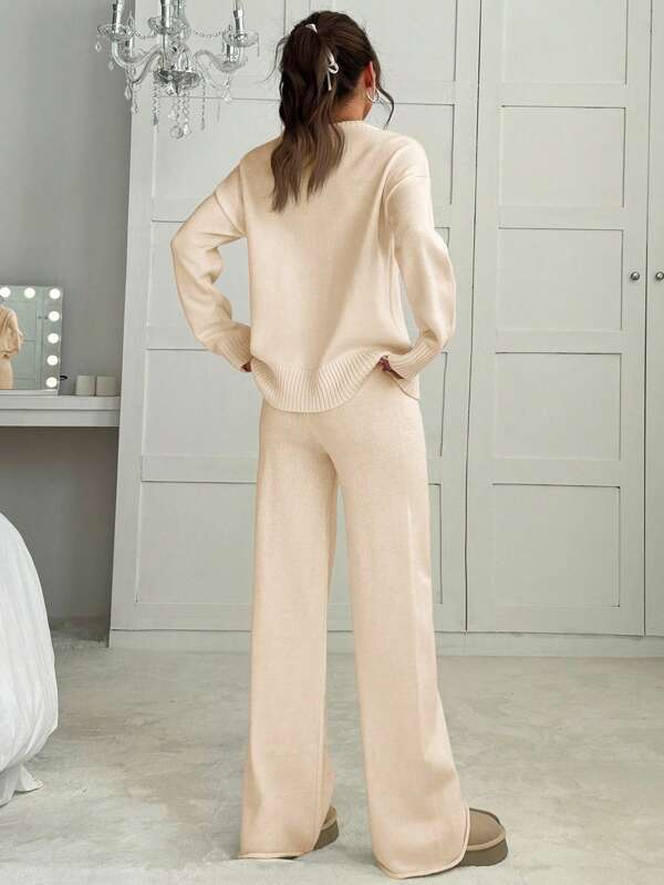 Conjunto Tricot Oversized Wide Leg Minimalista Casual