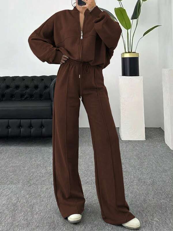 Conjunto Moletom Com Gola Zíper E Calça Pantalona Oversized