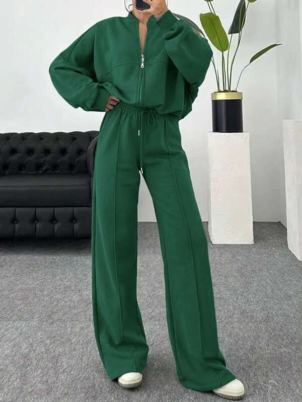 Conjunto Moletom Com Gola Zíper E Calça Pantalona Oversized