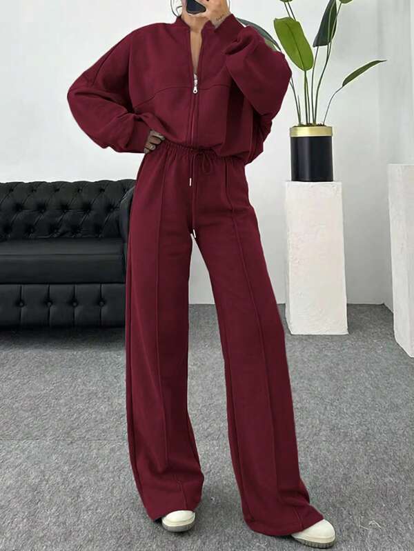Conjunto Moletom Com Gola Zíper E Calça Pantalona Oversized