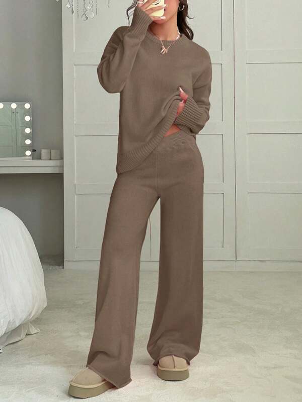 Conjunto Tricot Oversized Wide Leg Minimalista Casual