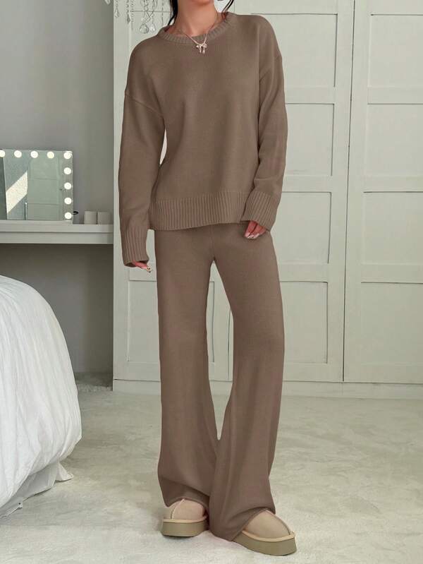 Conjunto Tricot Oversized Wide Leg Minimalista Casual