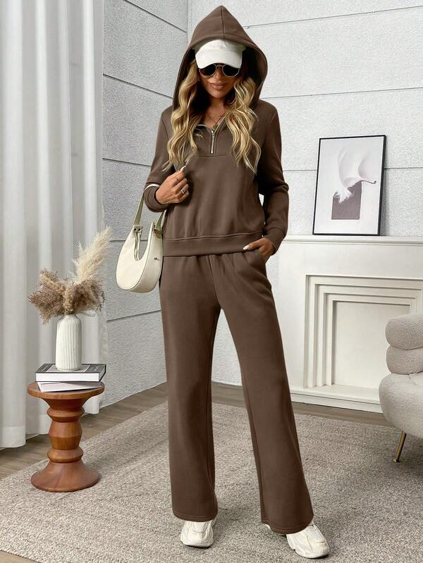 Conjunto Moletom Com Zíper Gola Alta Wide Leg Casual