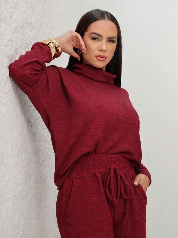 Conjunto Tricot Gola Boba Wide Leg Ajuste Em Cordão Casual