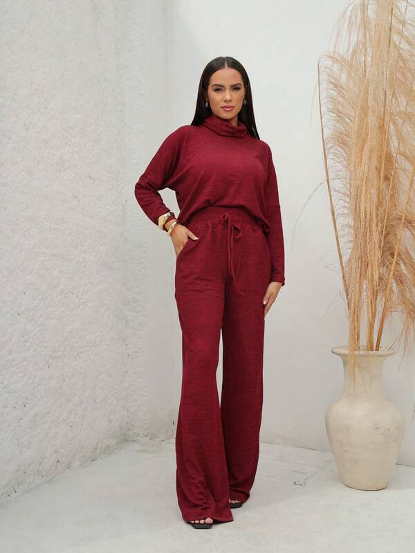Conjunto Tricot Gola Boba Wide Leg Ajuste Em Cordão Casual