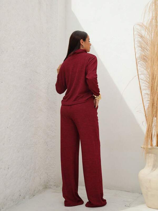 Conjunto Tricot Gola Boba Wide Leg Ajuste Em Cordão Casual