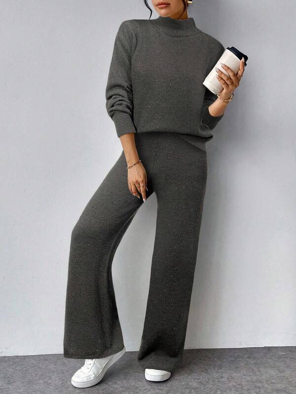 Conjunto Tricot Gola Alta Oversized Wide Leg Casual