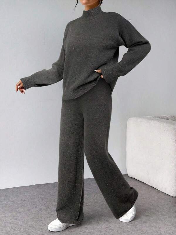 Conjunto Tricot Gola Alta Oversized Wide Leg Casual