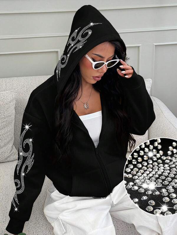 Moletom Com Zíper Tribal Rhinestone Streetwear