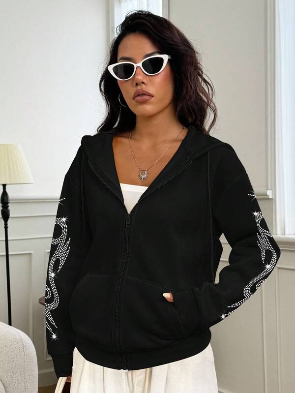Moletom Com Zíper Tribal Rhinestone Streetwear