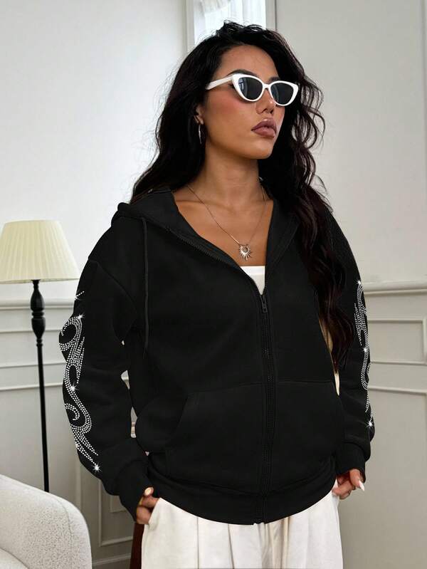 Moletom Com Zíper Tribal Rhinestone Streetwear