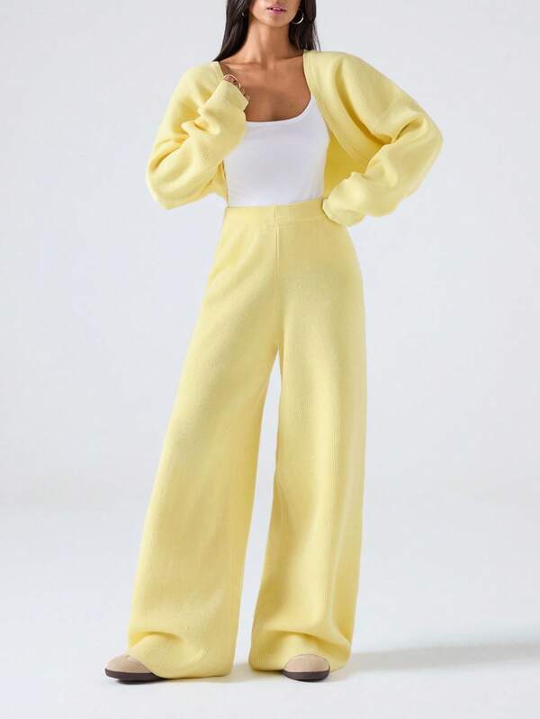 Conjunto Tricot Cropped Com Cardigan Wide Leg Casual