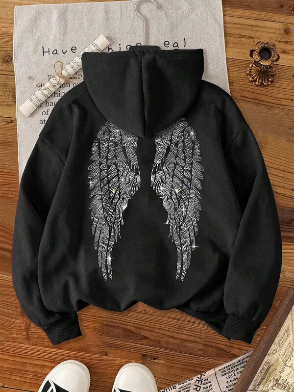Moletom Com Capuz Angel Wings Rhinestone Streetwear