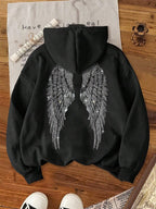 Moletom Com Capuz Angel Wings Rhinestone Streetwear