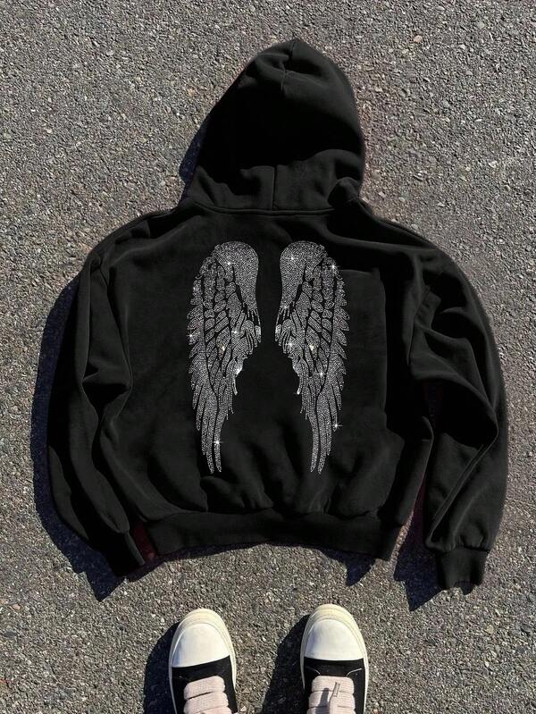 Moletom Com Capuz Angel Wings Rhinestone Streetwear