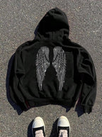 Moletom Com Capuz Angel Wings Rhinestone Streetwear