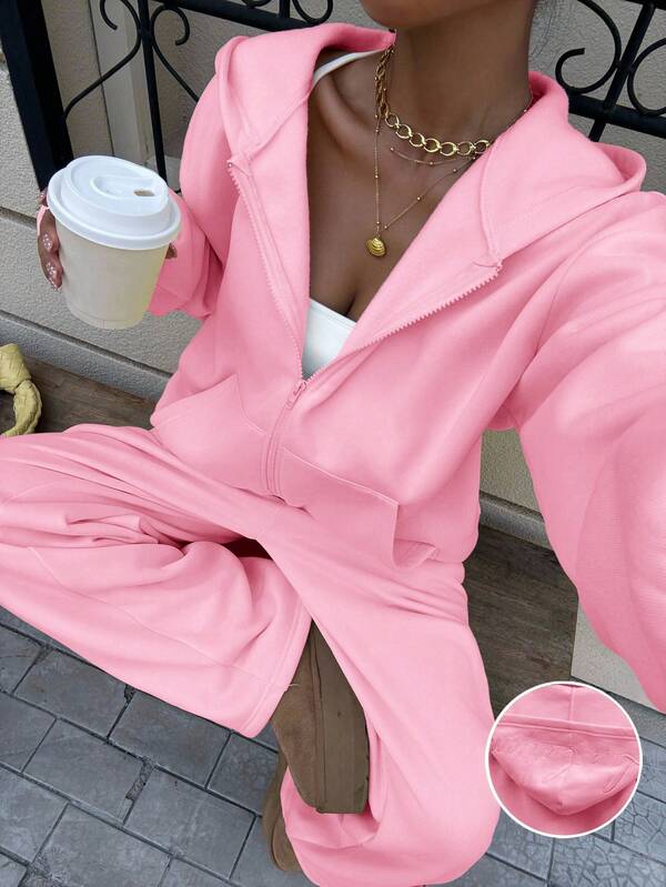 Conjunto Moletom Felpudo Com Zíper Wide Leg Casual