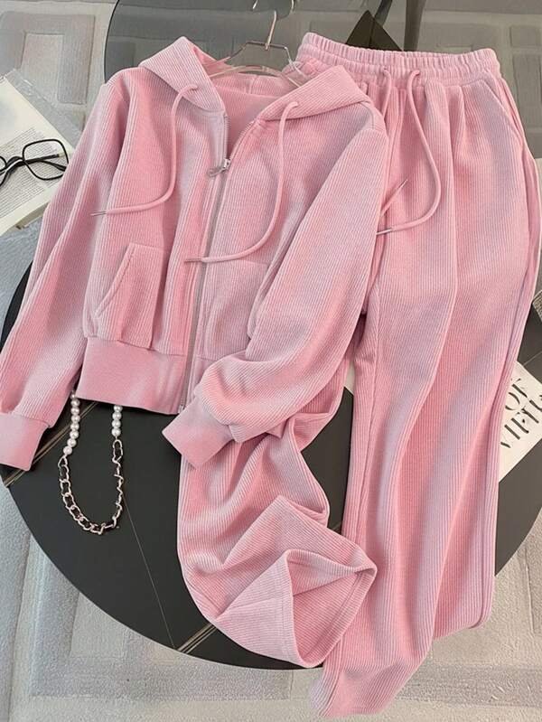 Conjunto Veludo Cotelê Com Capuz E Zíper Casual
