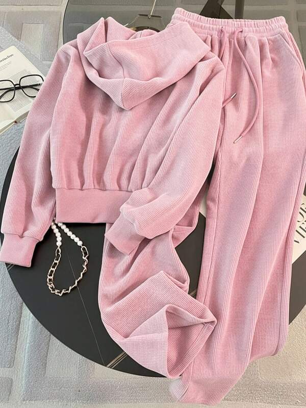 Conjunto Veludo Cotelê Com Capuz E Zíper Casual