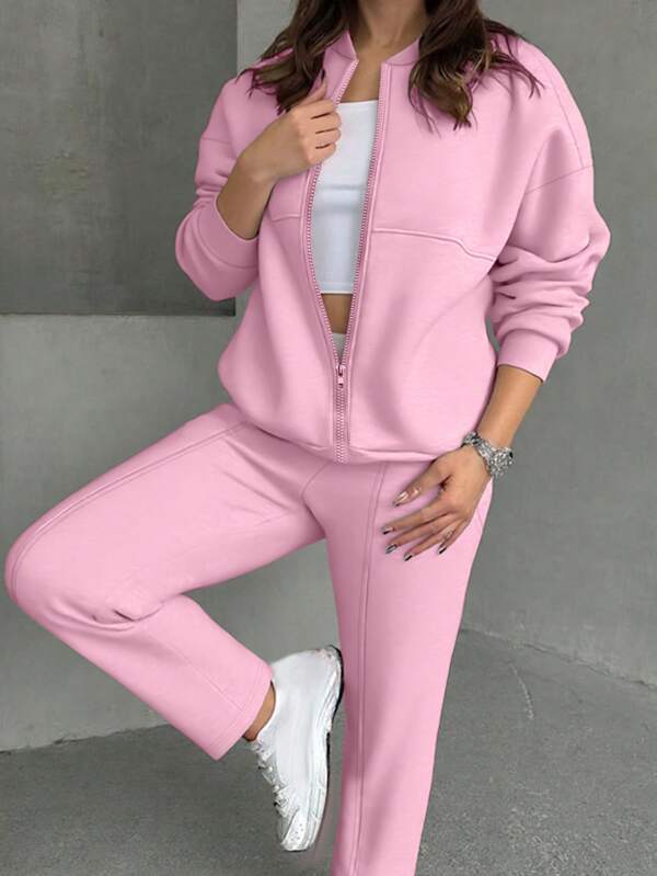 Conjunto Moletom Com Zíper E Calça Reta Minimalista