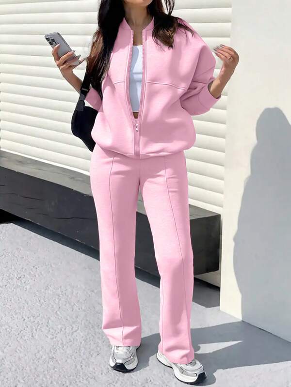 Conjunto Moletom Com Zíper E Calça Reta Minimalista