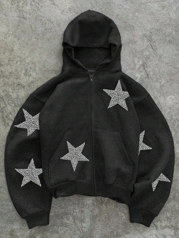 Moletom Com Zíper Star Rhinestone Streetwear