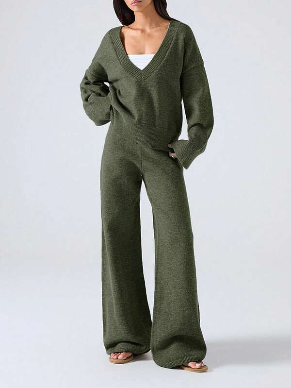 Conjunto Tricot Decote V Oversized Wide Leg Casual